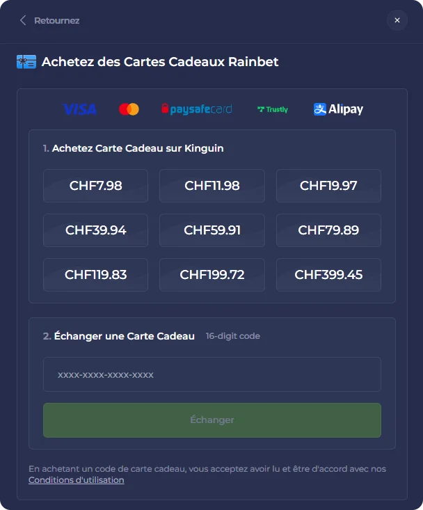 Achetez des cartes-cadeaux Rainbet