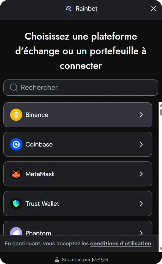Portefeuille crypto sur le site web de Rainbet