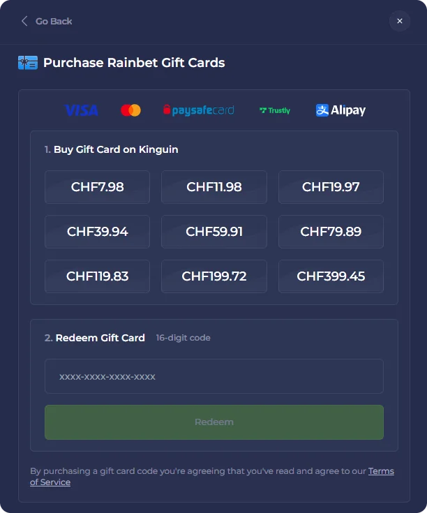 Purchase Rainbet Gift Cards