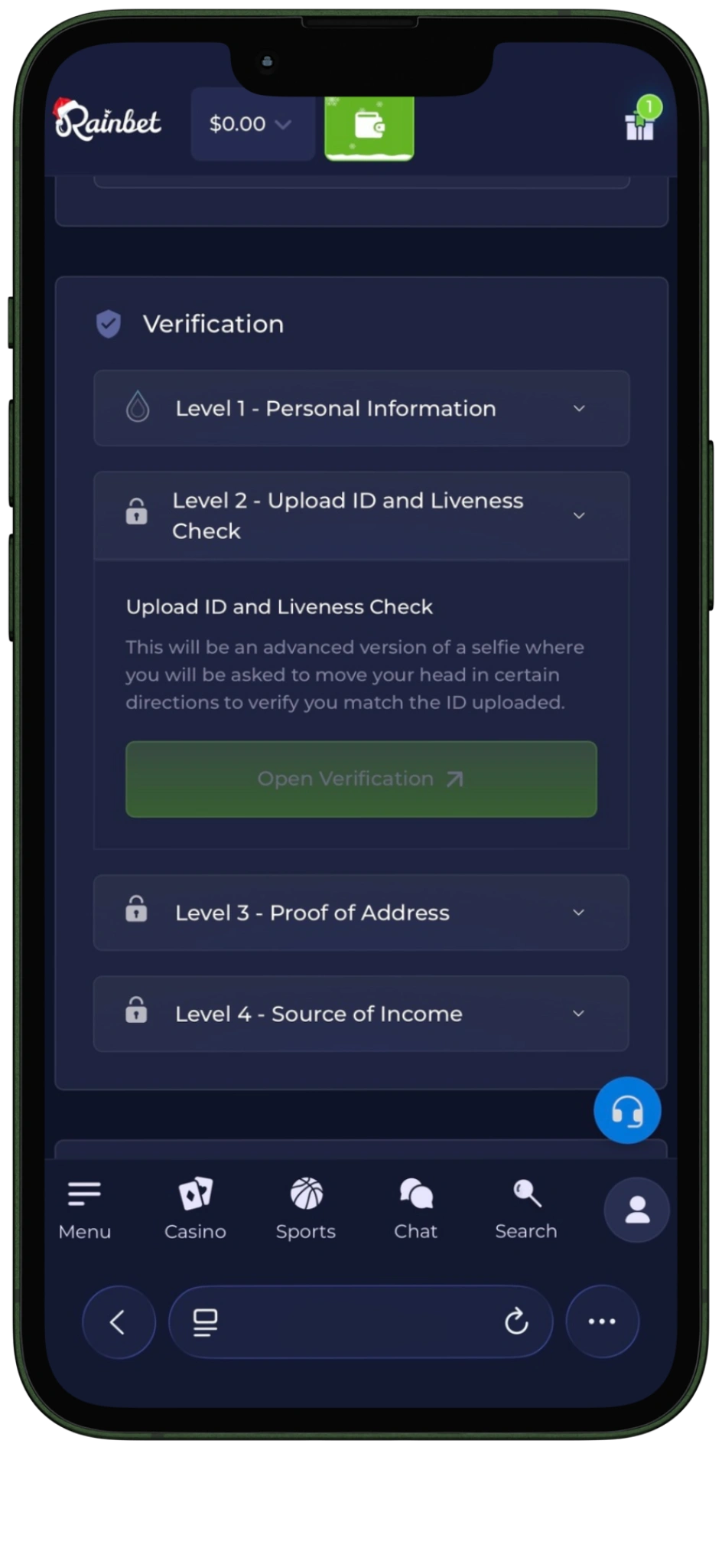 ID verification level two sign up rainbet