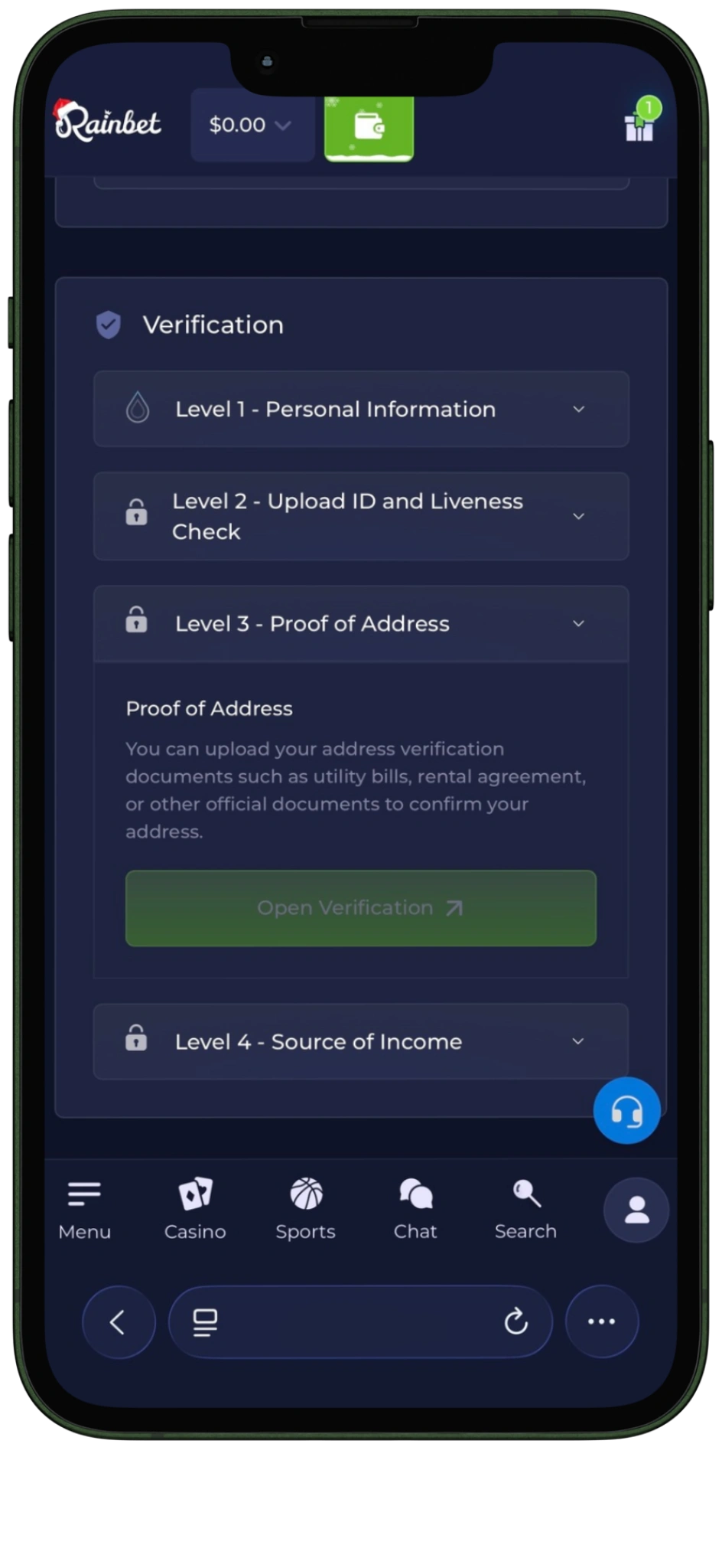 Address verification level three sign up rainbet