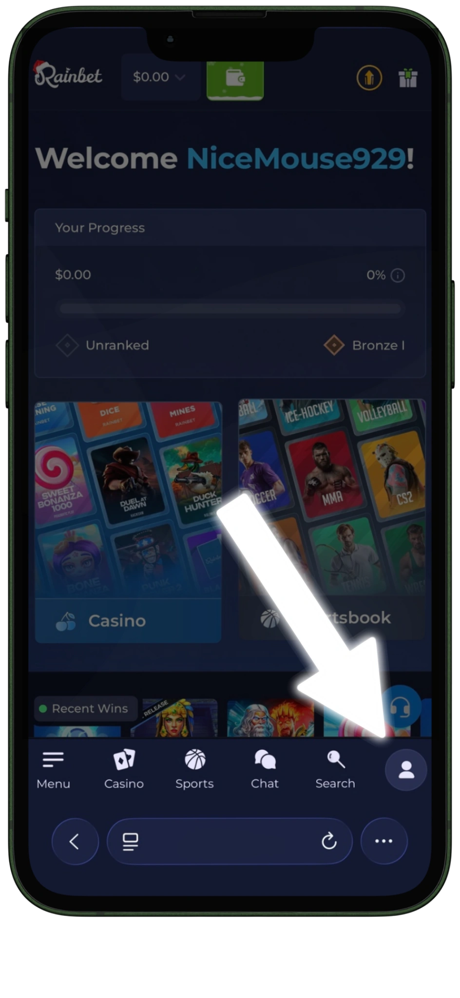 Rainbet sign up - Click on the Rainbet profile icon