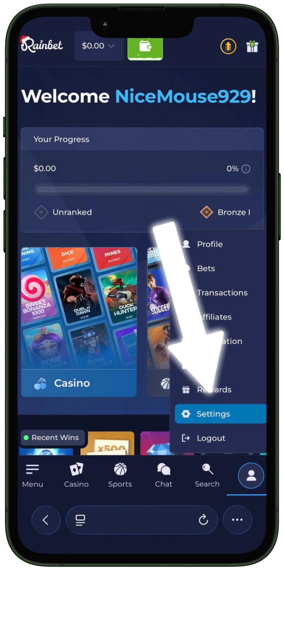 Rainbet sign up - Click the settings Rainbet login button