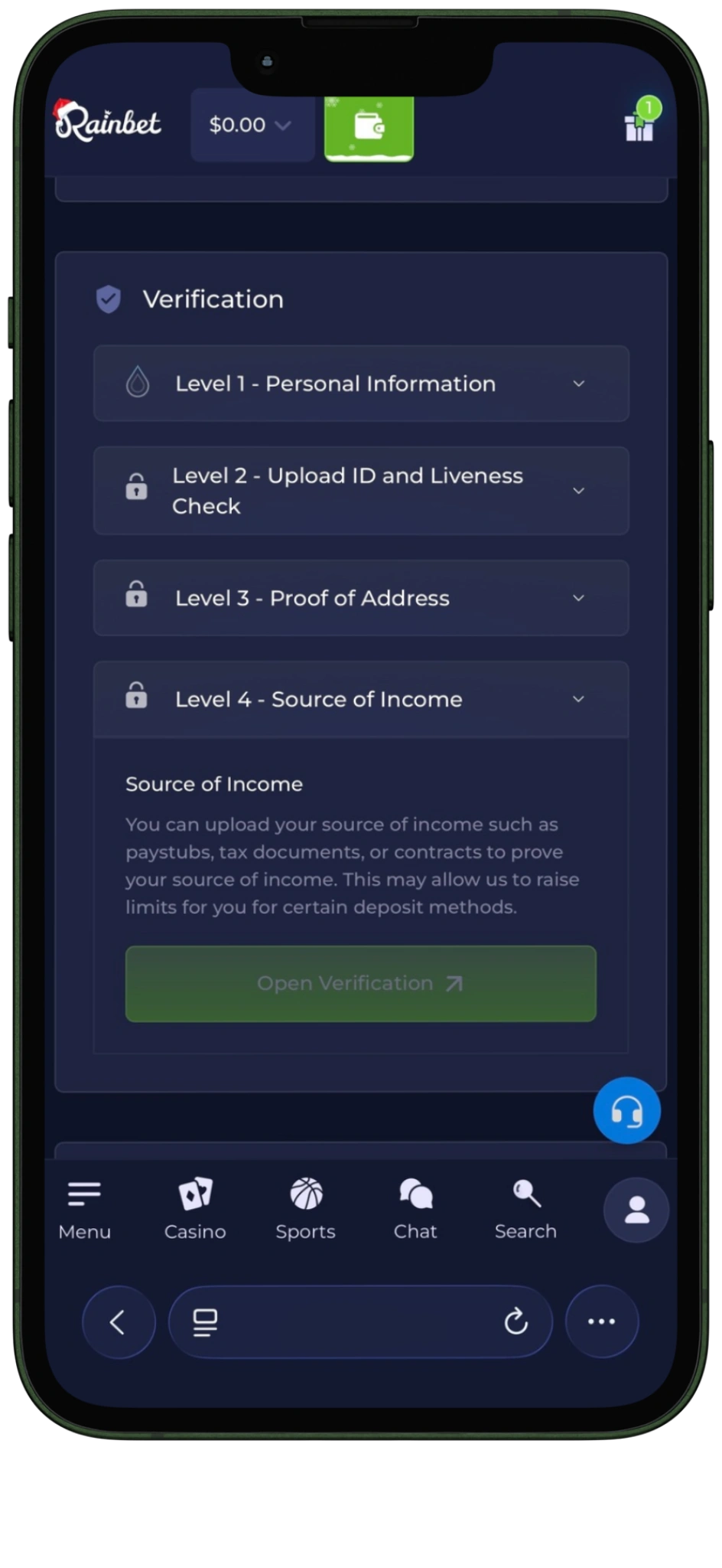 Verification level four source of income sign up rainbet
