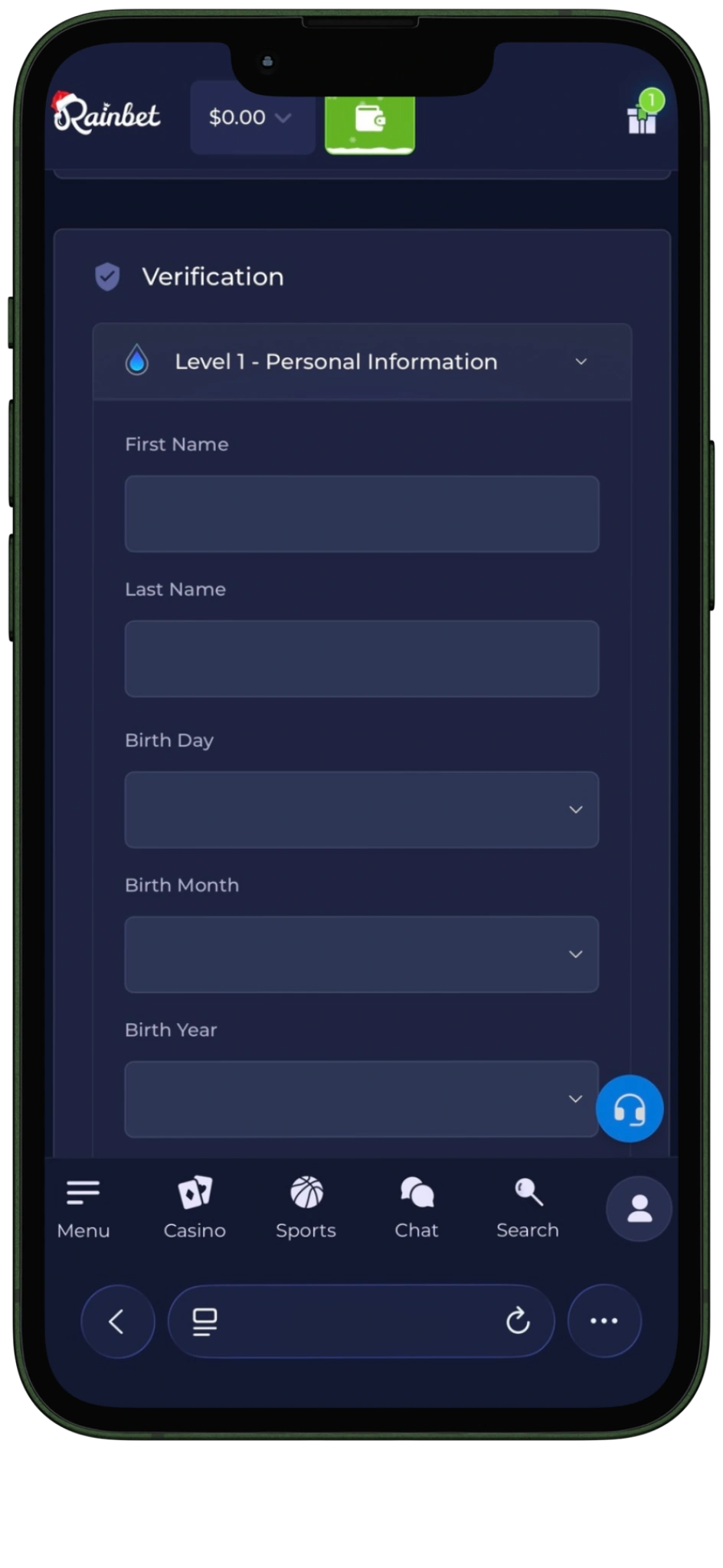 Verification personal information level one sign up rainbet