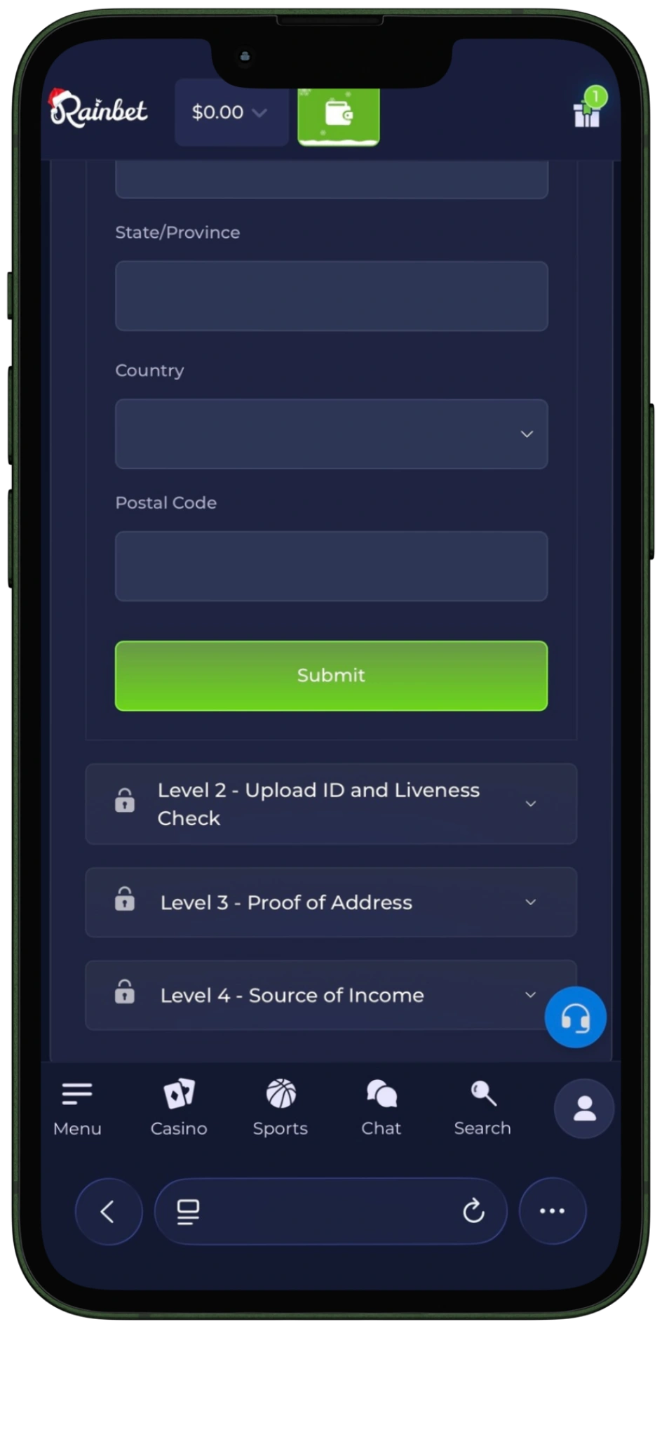 Verification personal information level one submit sign up rainbet
