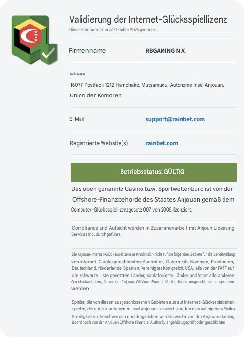 Rainbet Validierung der Internet-Gaming-Lizenz